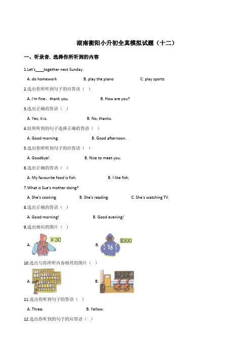 六年级下册英语试题:2019湖南衡阳小升初全真模拟试卷(十二)人教 (PEP)含答案