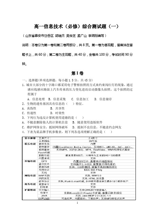 高一信息技术(必修)综合测试题(一)