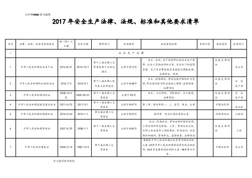 2018年最新安全生产适用的法律法规和他要求清单