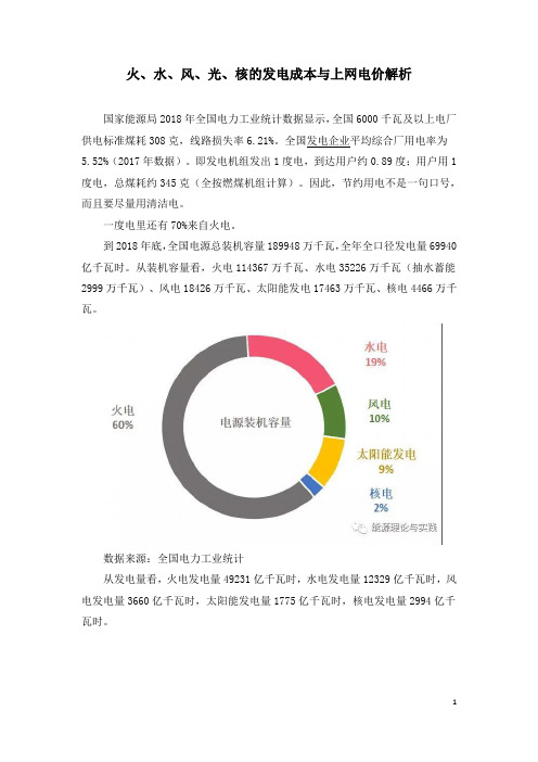 火、水、风、光、核的发电成本与上网电价解析