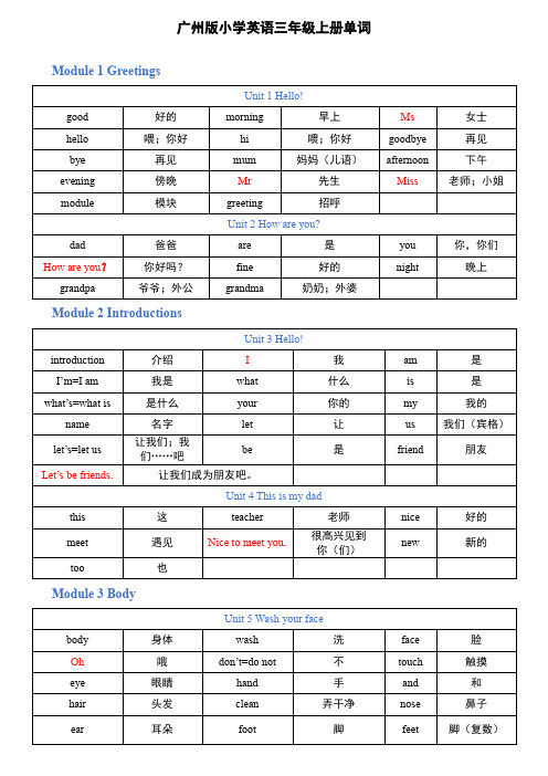 广州版小学三年级英语单词(上册)