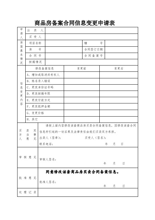 商品房备案合同信息变更申请表