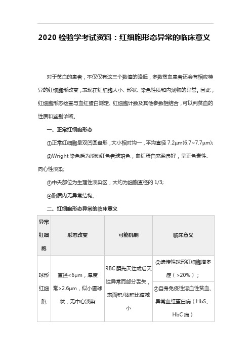 2020检验学考试资料：红细胞形态异常的临床意义