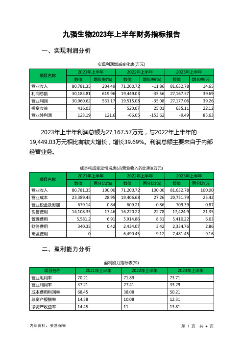 300406九强生物2023年上半年财务指标报告