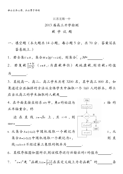 江苏省无锡一中2013届高三开学检测数学试题