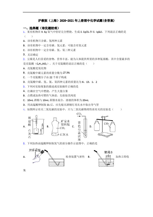 沪教版(上海)2020-2021年初三化学上册期中化学试题(含答案)