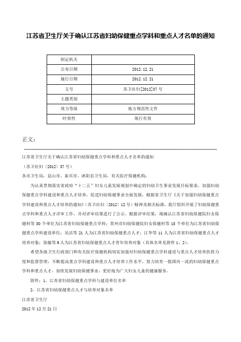 江苏省卫生厅关于确认江苏省妇幼保健重点学科和重点人才名单的通知-苏卫社妇[2012]37号