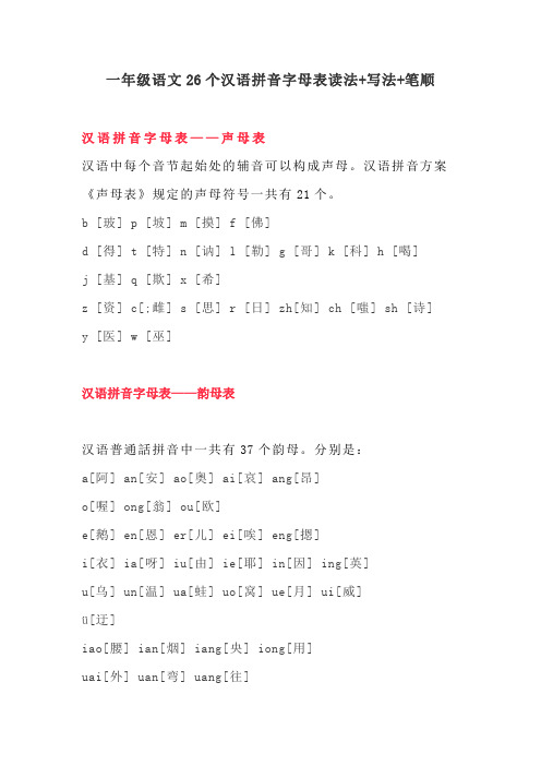 2020小学一年级语文26个汉语拼音字母表读法+写法+笔顺