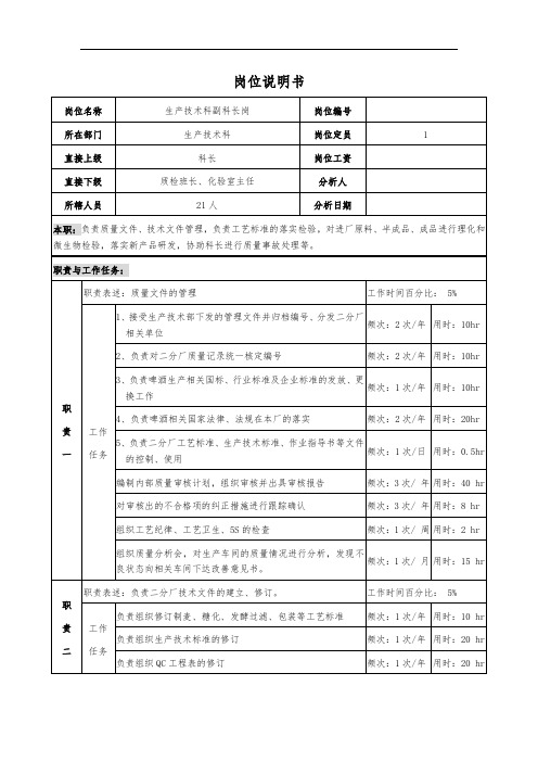 生产技术科副科长岗位说明书