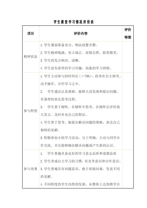 学生课堂教学评价表