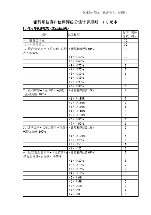 银行系统客户信用评级分值计算规则