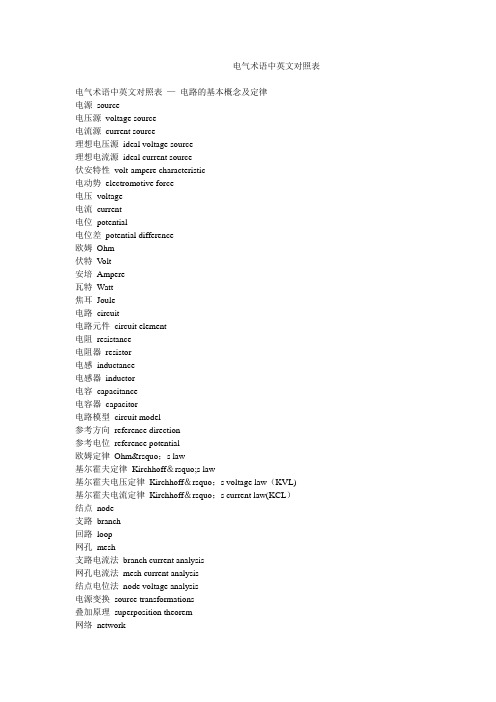 电气术语中英文对照表