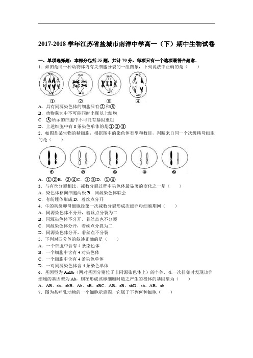 江苏省盐城市南洋中学2017-2018学年高一下学期期中生物试卷 Word版含解析