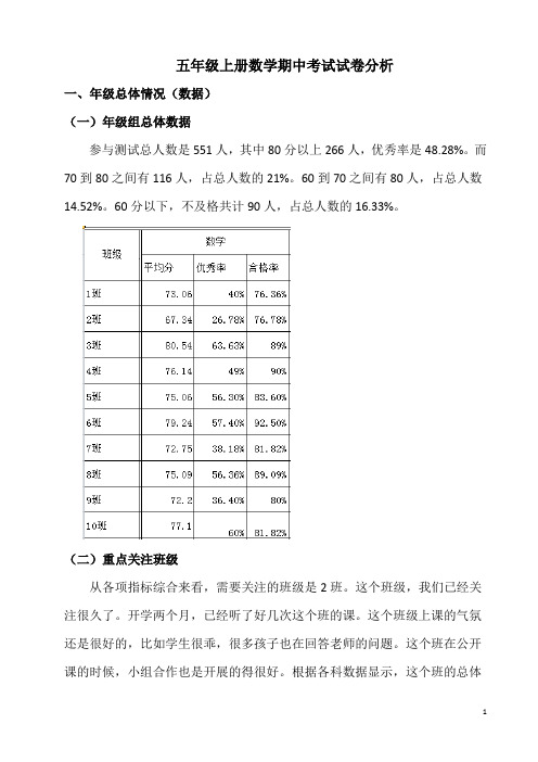 五年级上册数学期中考试试卷分析