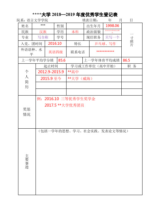 哈尔滨工业大学2018—2019年度优秀学生登记表【模板】