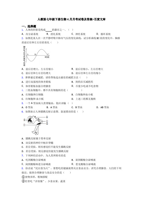 人教版七年级下册生物4月月考试卷及答案-百度文库 (2)