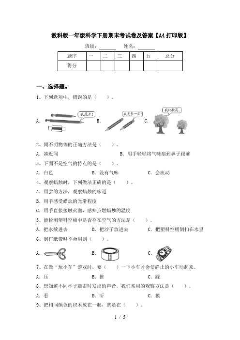 教科版一年级科学下册期末考试卷及答案【A4打印版】