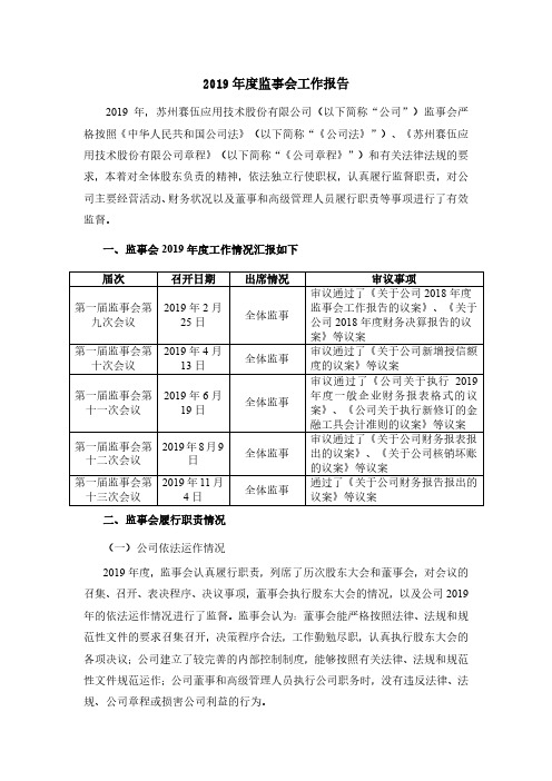 赛伍技术：2019年度监事会工作报告