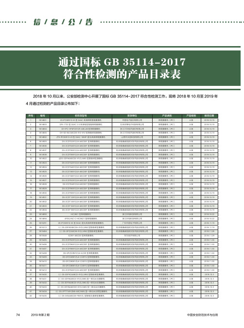 通过国标GB 35114-2017符合性检测的产品目录表