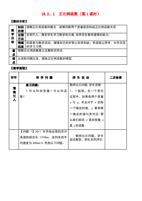 八年级数学下册19.2.1正比例函数(第1课时)教案新人教版