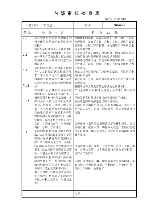 ISO9001：2015内审检查表