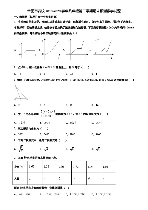 合肥市名校2019-2020学年八年级第二学期期末预测数学试题含解析