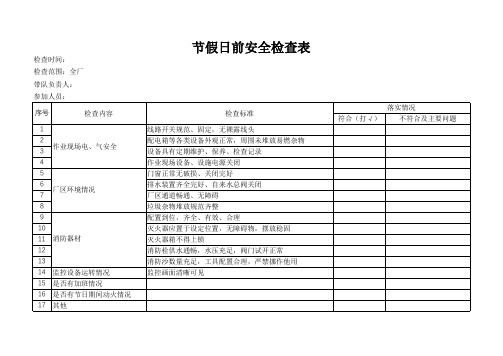 节假日前安全检查表