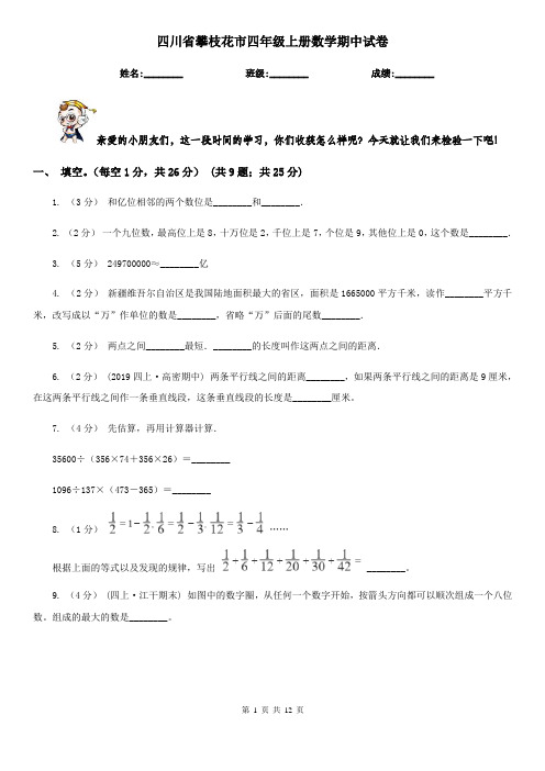 四川省攀枝花市四年级上册数学期中试卷