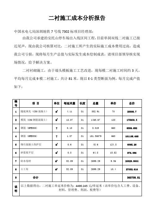 二衬施工成本分析表