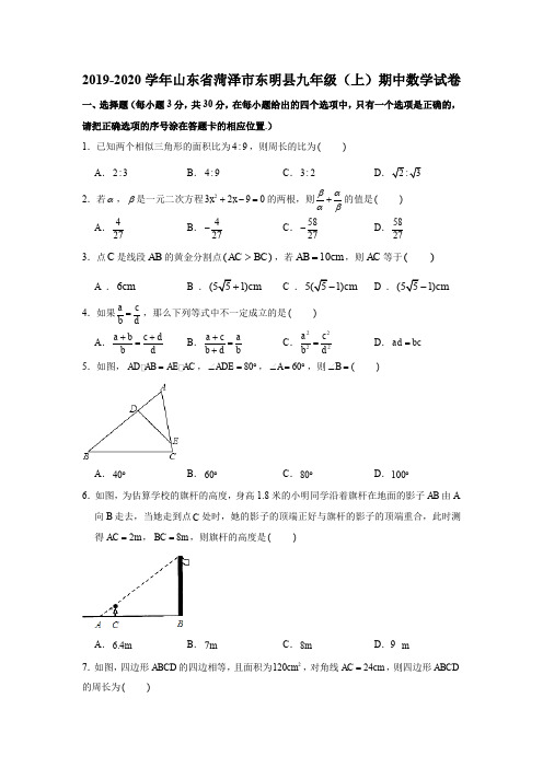 2019-2020学年山东省菏泽市东明县九年级(上)期中数学试卷试题及答案