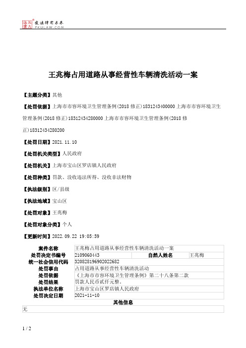 王兆梅占用道路从事经营性车辆清洗活动一案