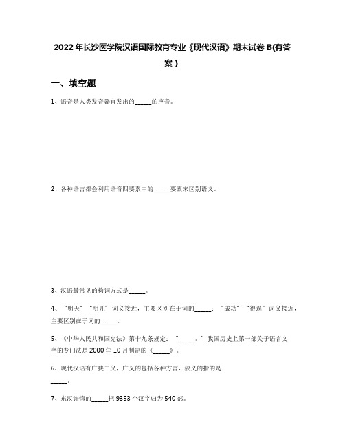 2022年长沙医学院汉语国际教育专业《现代汉语》期末试卷B(有答案)