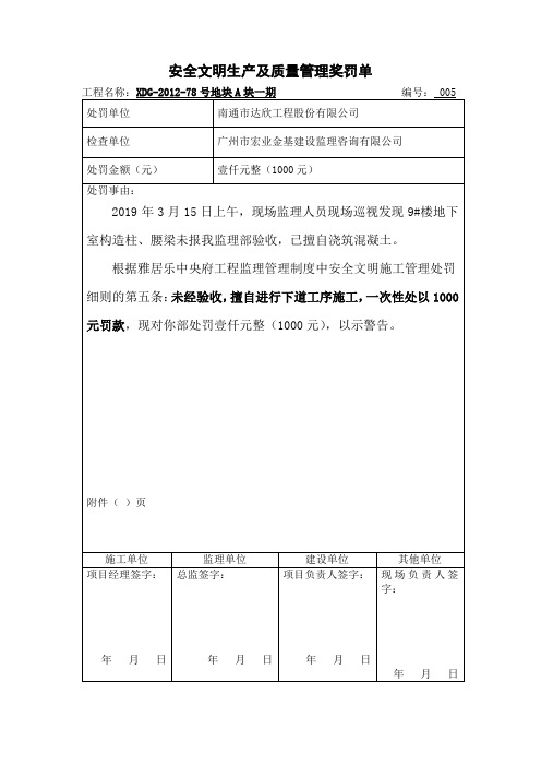 监理对施工单位所开罚款单