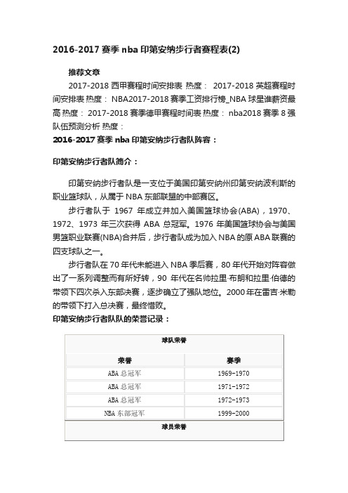 2016-2017赛季nba印第安纳步行者赛程表（2）