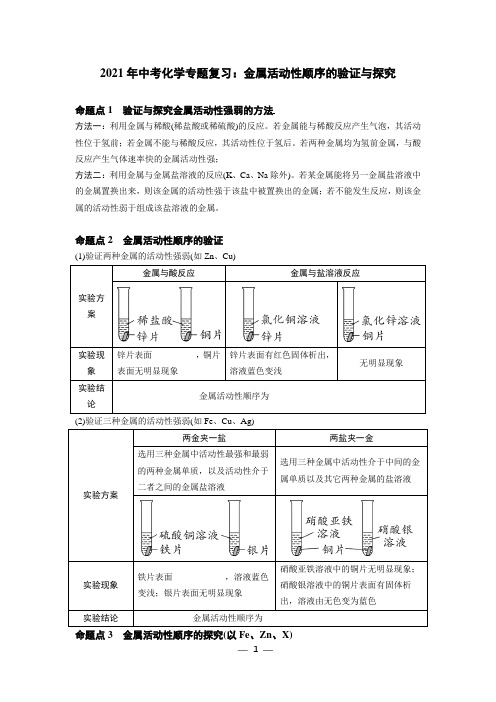 2021年中考化学专题复习：金属活动性顺序的验证与探究