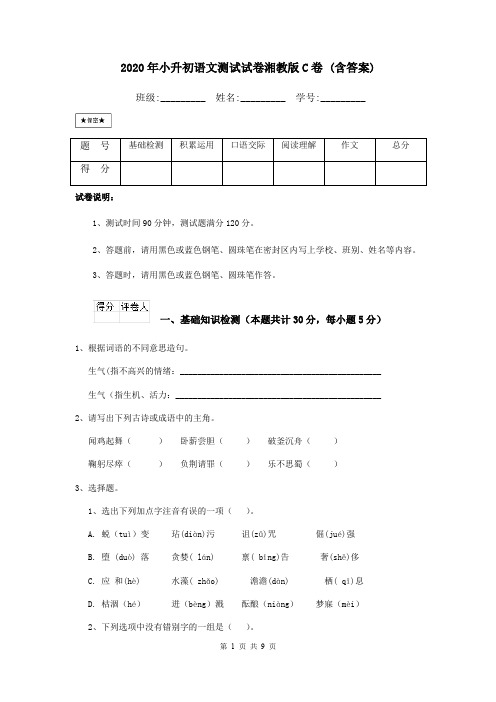 2020年小升初语文测试试卷湘教版C卷 (含答案)