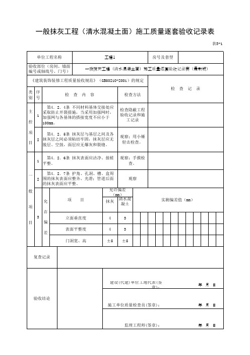 一般抹灰工程(清水混凝土面)施工质量逐套验收记录表(最新版)