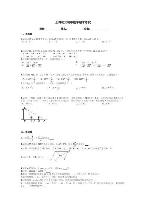 上海初三初中数学期末考试带答案解析
