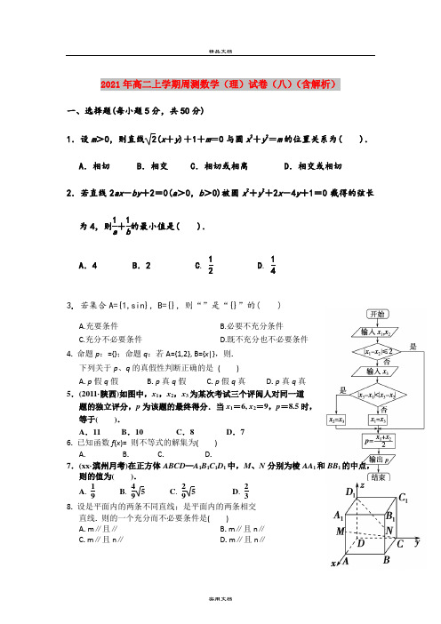 2021年高二上学期周测数学(理)试卷(八)(含解析)