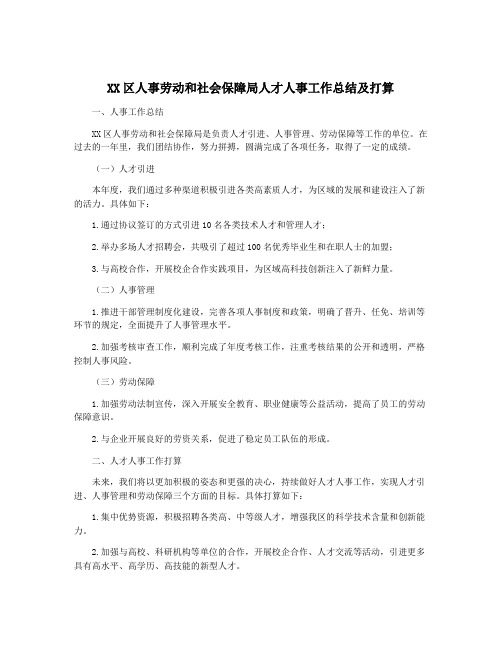 XX区人事劳动和社会保障局人才人事工作总结及打算