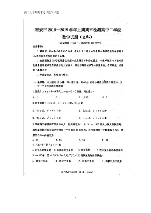 2018-2019学年四川省雅安市高二上学期期末考试数学试题(文)