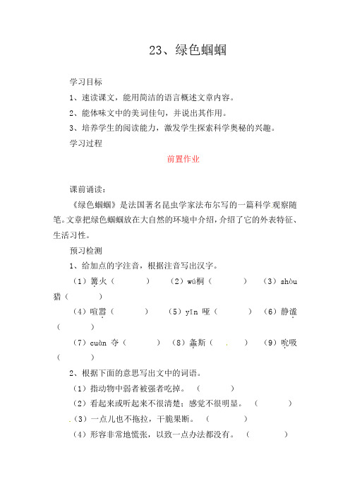 语文：七年级上册第23课 绿色蝈蝈 导学案(人教版)