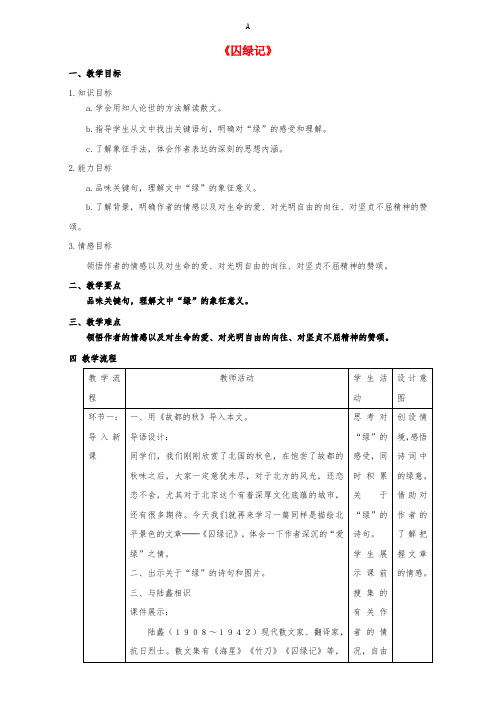 高中语文 3_1 囚绿记教学设计 新人教版必修2