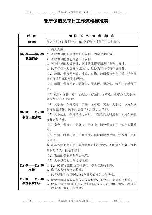 餐厅保洁员每日工作流程标准表