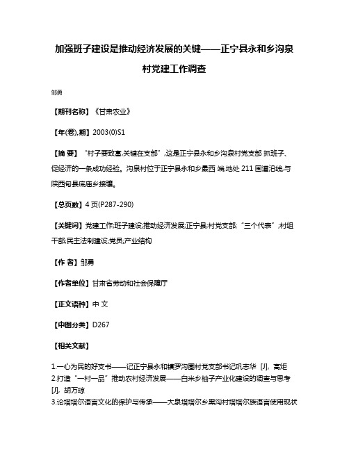 加强班子建设是推动经济发展的关键——正宁县永和乡沟泉村党建工作调查