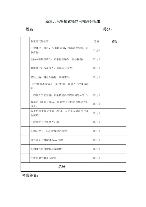 新生儿气管插管操作考核评分标准