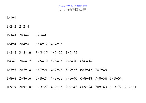 二年级上册九九乘法口诀表(语文版和数学版)