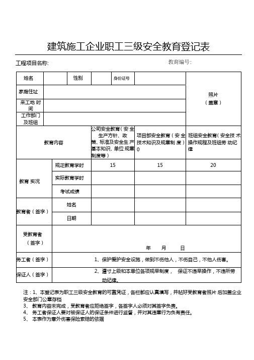 建筑施工企业职工三级安全教育登记表