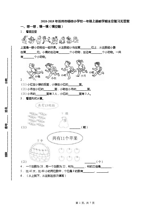 2018-2019年苏州市杨枝小学校一年级上册数学期末总复习无答案