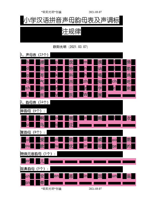 小学汉语拼音声母韵母表及声调标注规律之欧阳光明创编